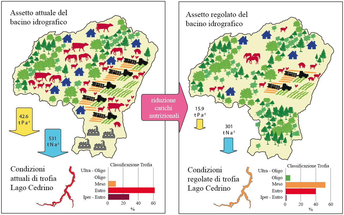 Elaborazione dati nei siti LTER: stima dei quantitativi teorici dei carichi nutrizionali esterni originati dal bacino di drenaggio e condizioni di stato trofico del Lago Cedrino (pannello a sinistra); valutazione del possibile contingentamento dei carichi e conseguente previsione di riduzione dello stato trofico (pannello a destra)