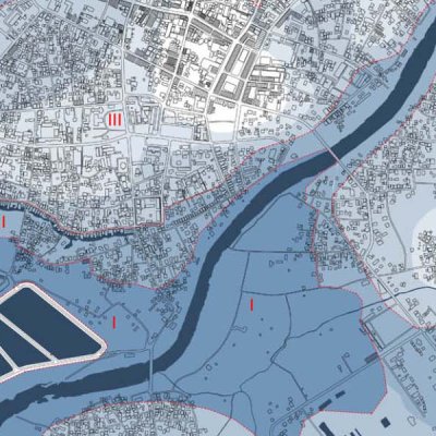 Mappa di una città con fiume